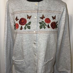 Vintage Floral Embroidered Gray Cardigan Butterflies Cottage Core Medium